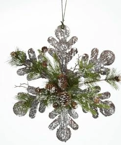 For Living Wooden Christmas Decoration Frosted Snowflake With Greenery, 17-in