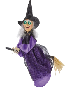 For Living Flying Witch Broom, LED Light Eyes, Sound Sensor For Halloween, Purple, 18-in