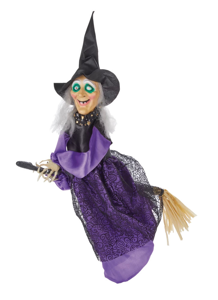 For Living Flying Witch Broom, LED Light Eyes, Sound Sensor For Halloween, Purple, 18-in