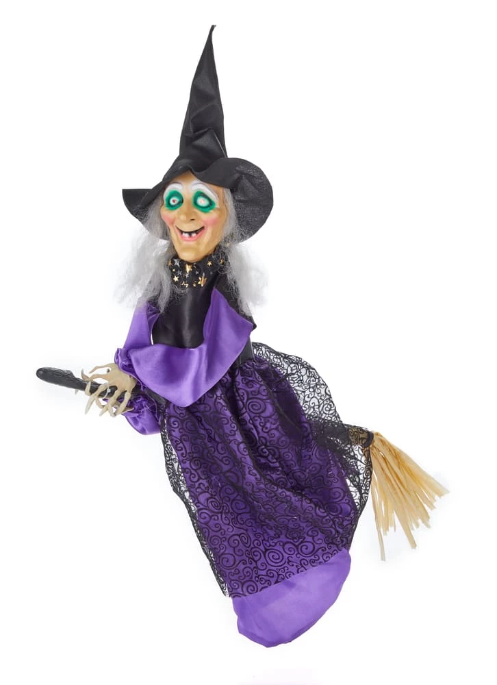 For Living Flying Witch Broom, LED Light Eyes, Sound Sensor For Halloween, Purple, 18-in - Image 2