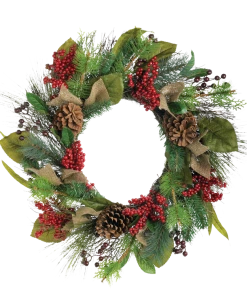 For Living Christmas Decoration Artificial Wreath With Pinecones, Berries & Burlap Bows, 24-in
