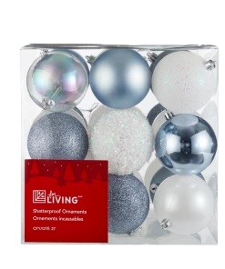 For Living White Collection Shatterproof Ball Christmas Ornament Set, Assorted Style, 27-pc