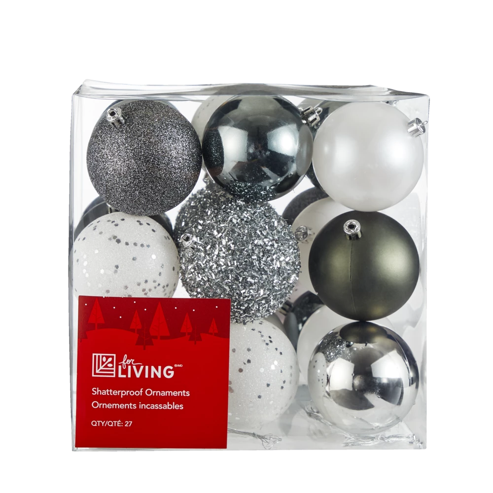 For Living Shatterproof Ball Christmas Ornament Set, Assorted Metallic Colours, 27-pc