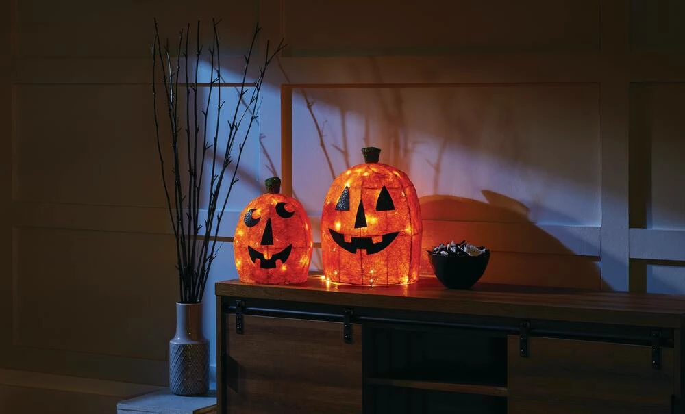 For Living 3D Sisal Pumpkin Kit, LED Light For Fall & Halloween Decor, Orange, 16-in, 2-pc - Image 3