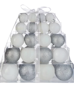 For Living Shatterproof Stacked Christmas Decoration Ball Ornament Gift Set, White, 40-pc