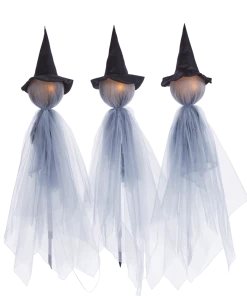 For Living LED Lights Witch Stakes Kit With Timer For Halloween Decor, White, 42-in, 3-pc