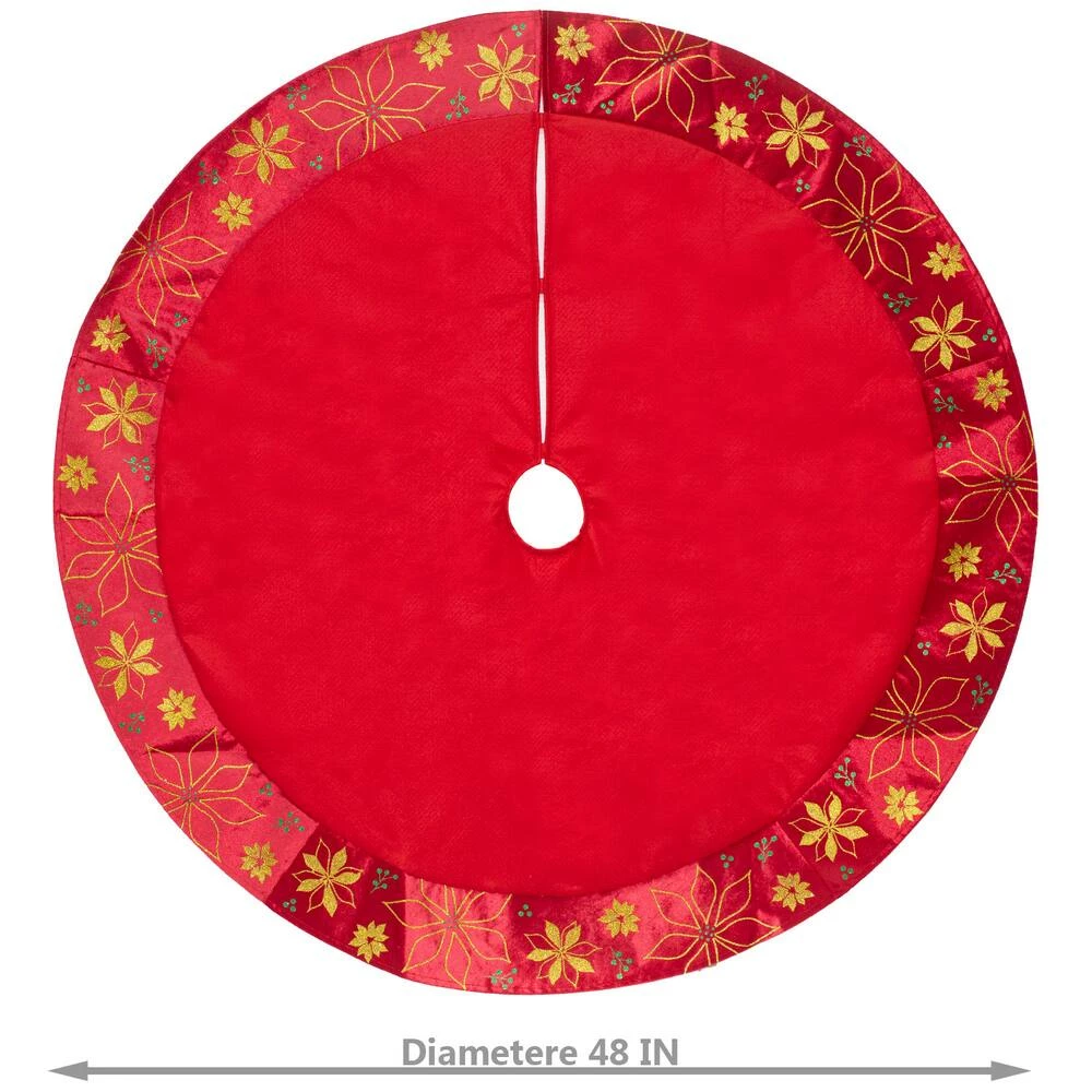 For Living Christmas Glittering Decoration Poinsettia Tree Skirt, Red, 48-in - Image 3