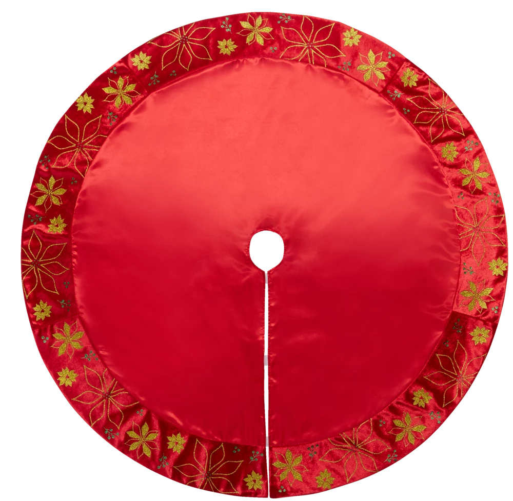 For Living Christmas Glittering Decoration Poinsettia Tree Skirt, Red, 48-in