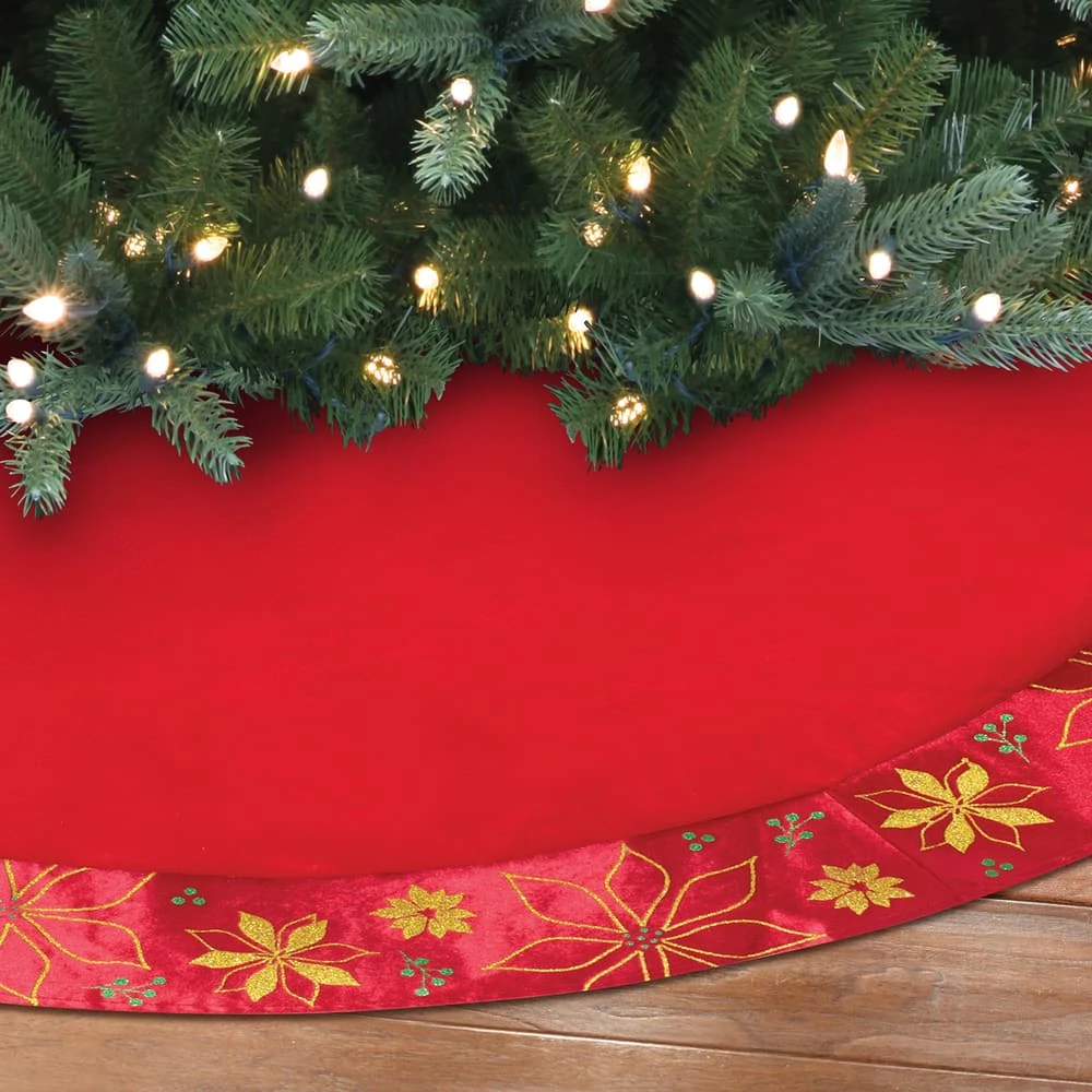 For Living Christmas Glittering Decoration Poinsettia Tree Skirt, Red, 48-in - Image 4