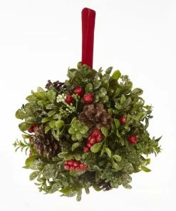 For Living Christmas Decoration Hanging Mistletoe, Green With Berries And Red Ribbon, 5 1/2-in