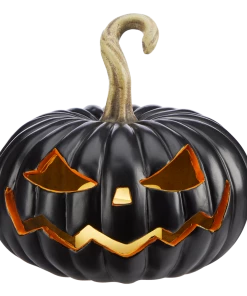 For Living Resin Pumpkin With LED Lights For Spooky Halloween Decorations, Black, 8-in