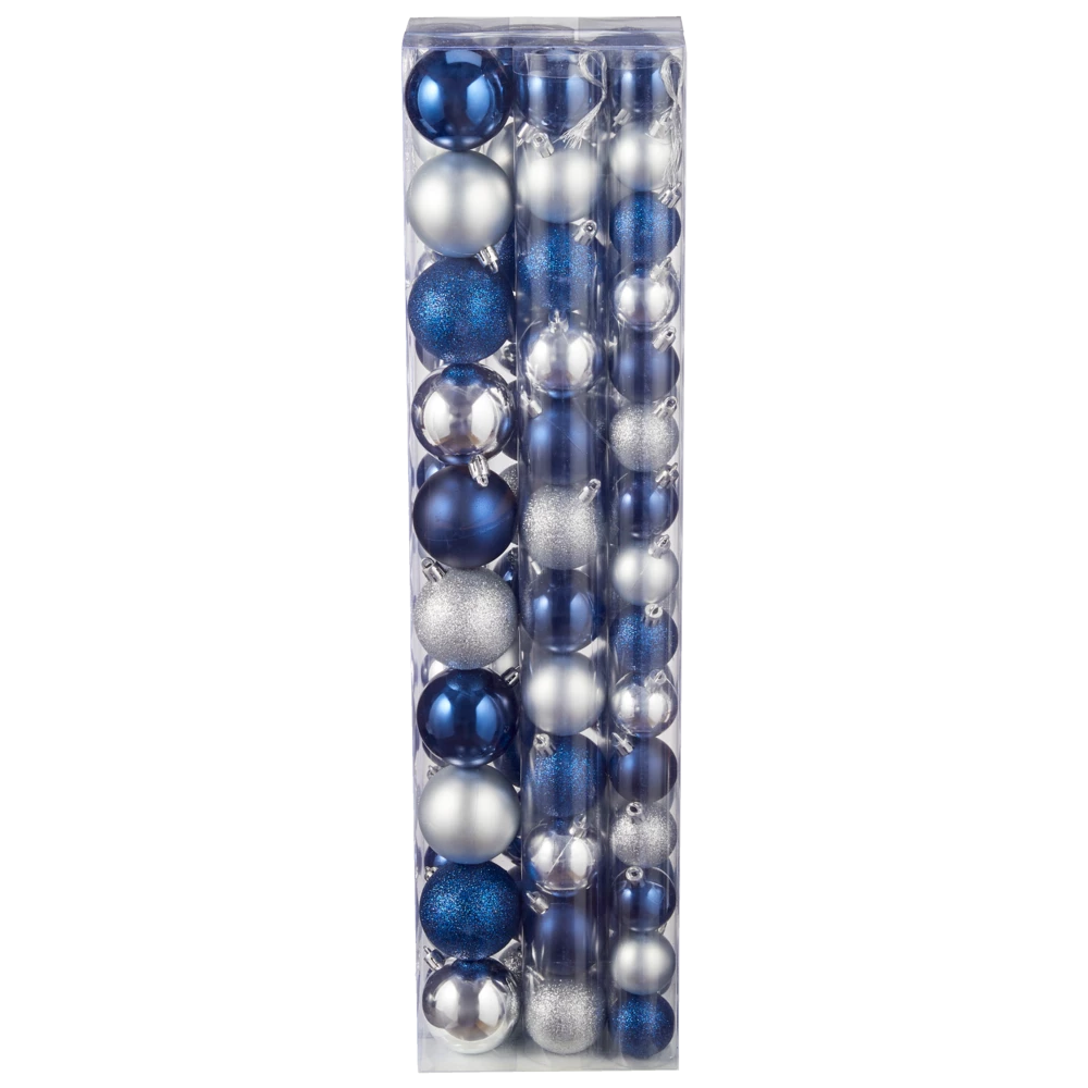 For Living Shatterproof Decoration Ball Christmas Ornament Set, Blue & Silver, 60-mm, 74-pc
