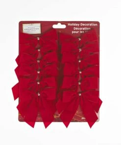 For Living Velvet Festive Decoration Flocked Trim-a-Tree Bows, Red, 4 1/2-in, 12-pk
