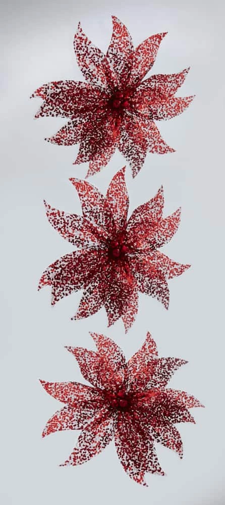 For Living Chunky Festive Glittering Decoration Poinsettia Bow, Assorted Colour, 9 X 7-in, 3-pk