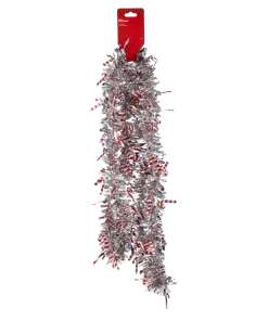 For Living Christmas Decoration Candy Cane Icon Cut Tinsel, Jumbo, Silver, 9-ft