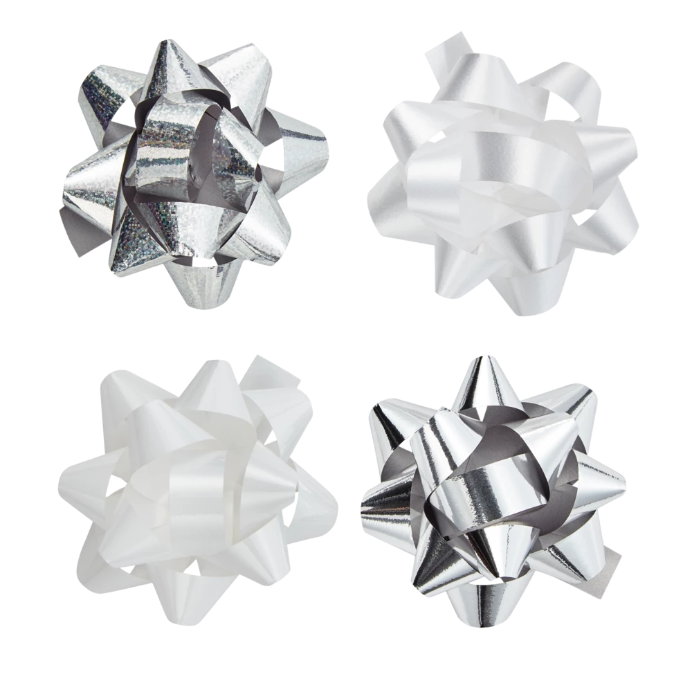 For Living Christmas Decoration Gift Bows, White Metallic, 15-pc