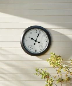 For Living Outdoor 3-in-1 Round Wall Clock With Humidity Index & Thermometer, Black/White, 24-in