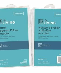 For Living 100% Cotton Zippered Pillow Protector, Standard/Queen, White