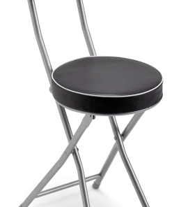 For Living Portable Upholstered & Padded Metal Folding Stool With Backrest, Black