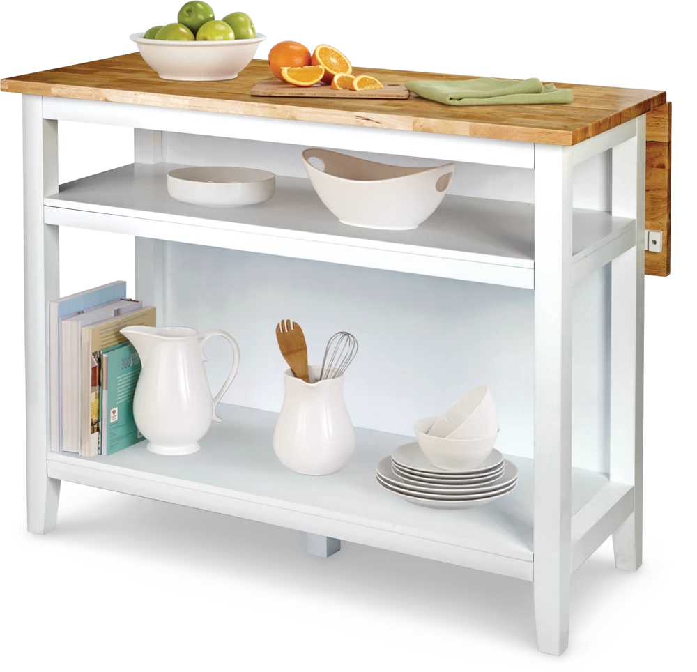 For Living Wood Top Open Shelf Kitchen Storage Island With Folding Leaf, White - Image 9