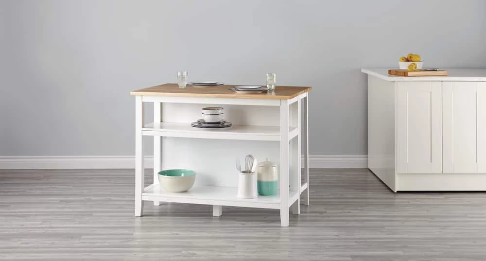 For Living Wood Top Open Shelf Kitchen Storage Island With Folding Leaf, White - Image 13