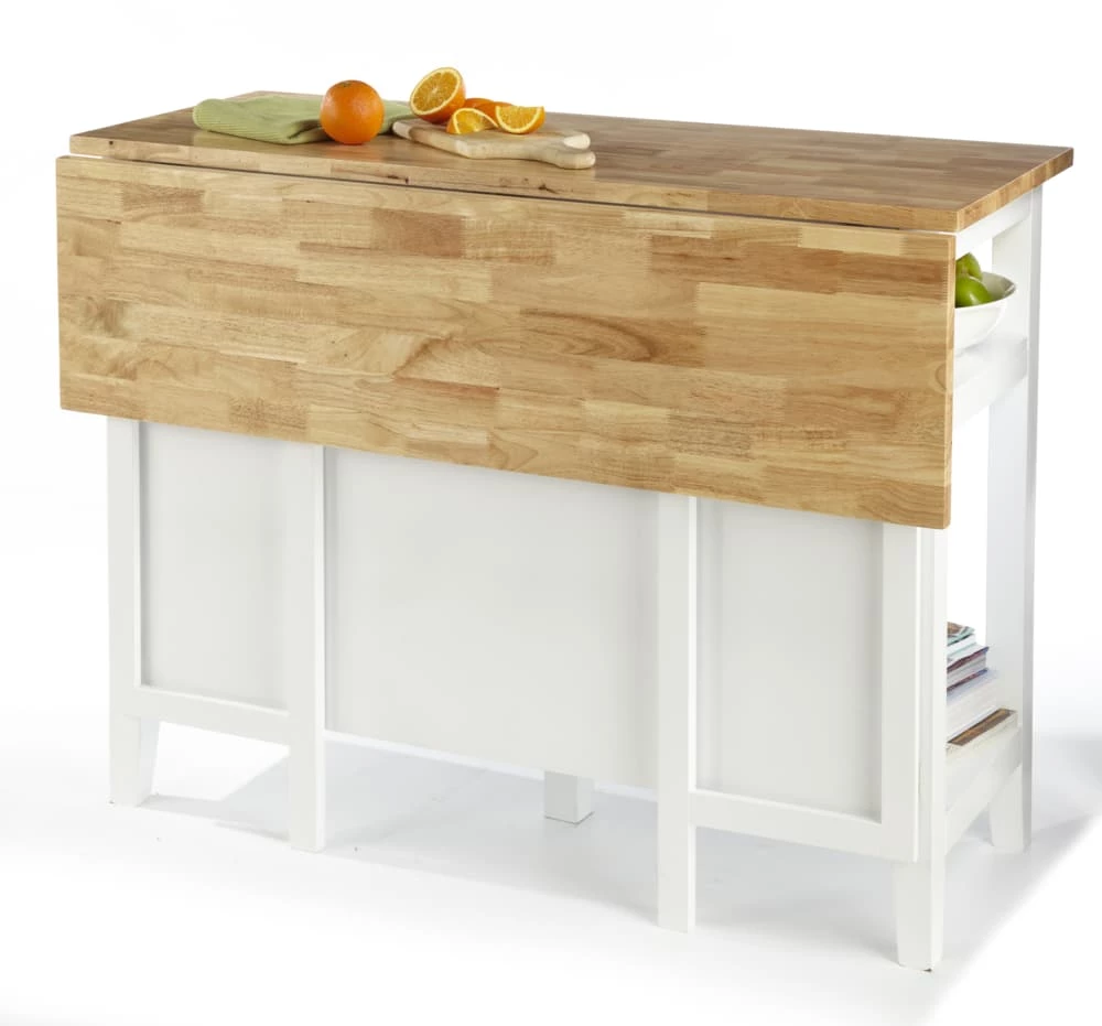 For Living Wood Top Open Shelf Kitchen Storage Island With Folding Leaf, White - Image 10