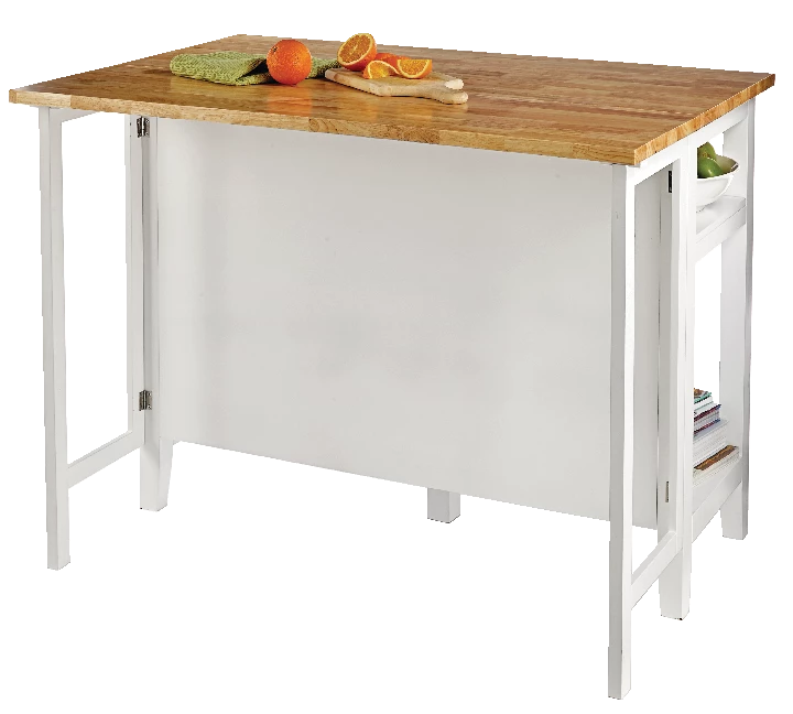 For Living Wood Top Open Shelf Kitchen Storage Island With Folding Leaf, White - Image 11