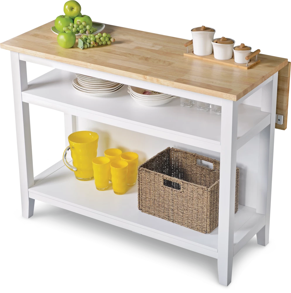 For Living Wood Top Open Shelf Kitchen Storage Island With Folding Leaf, White - Image 8