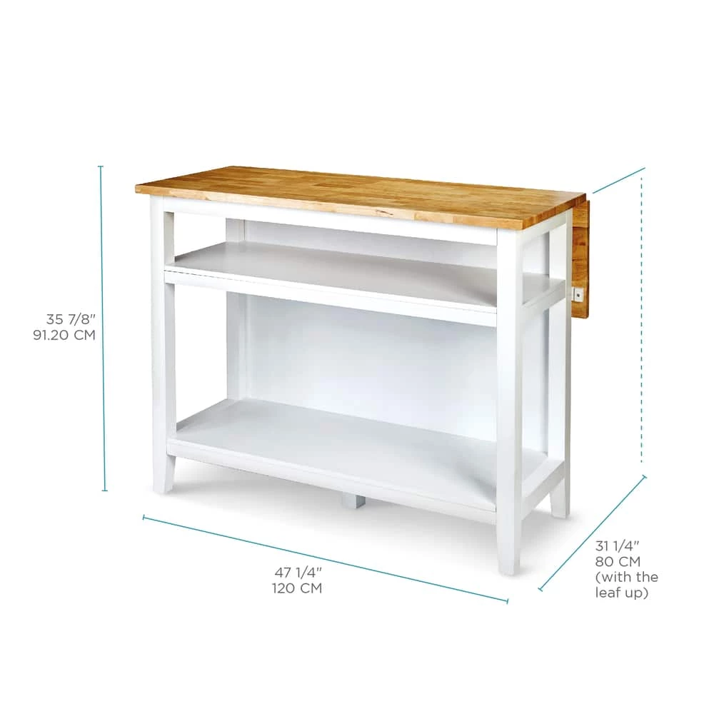 For Living Wood Top Open Shelf Kitchen Storage Island With Folding Leaf, White - Image 12