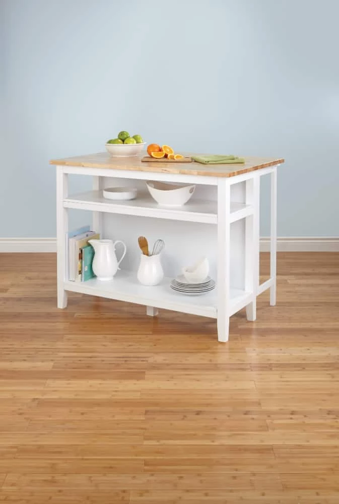 For Living Wood Top Open Shelf Kitchen Storage Island With Folding Leaf, White - Image 15