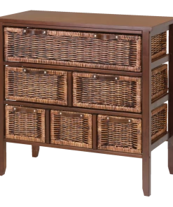 For Living Wood & Wicker 3-Drawer Storage Chest/Dresser With Leather Pulls, Walnut Finish