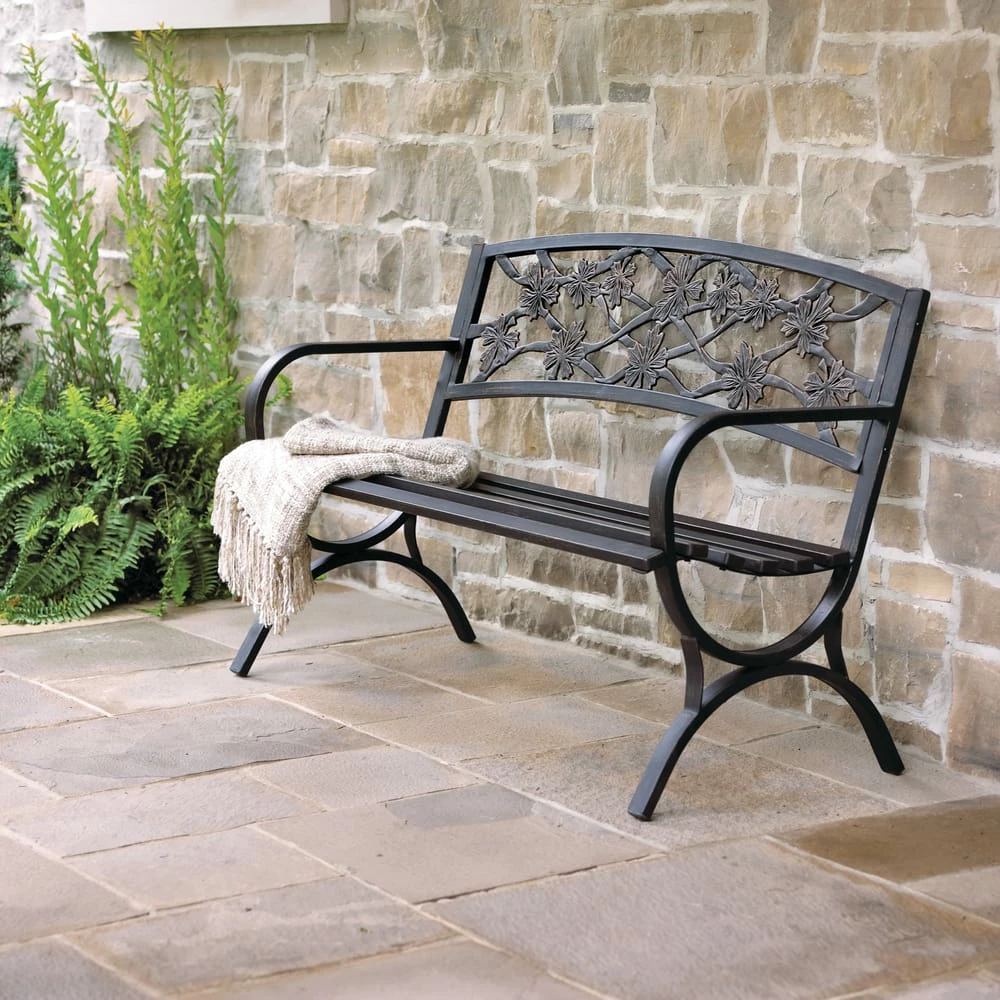 For Living Maple Leaf Steel Frame Outdoor/Patio/Garden Bench, Matte-Black - Image 3
