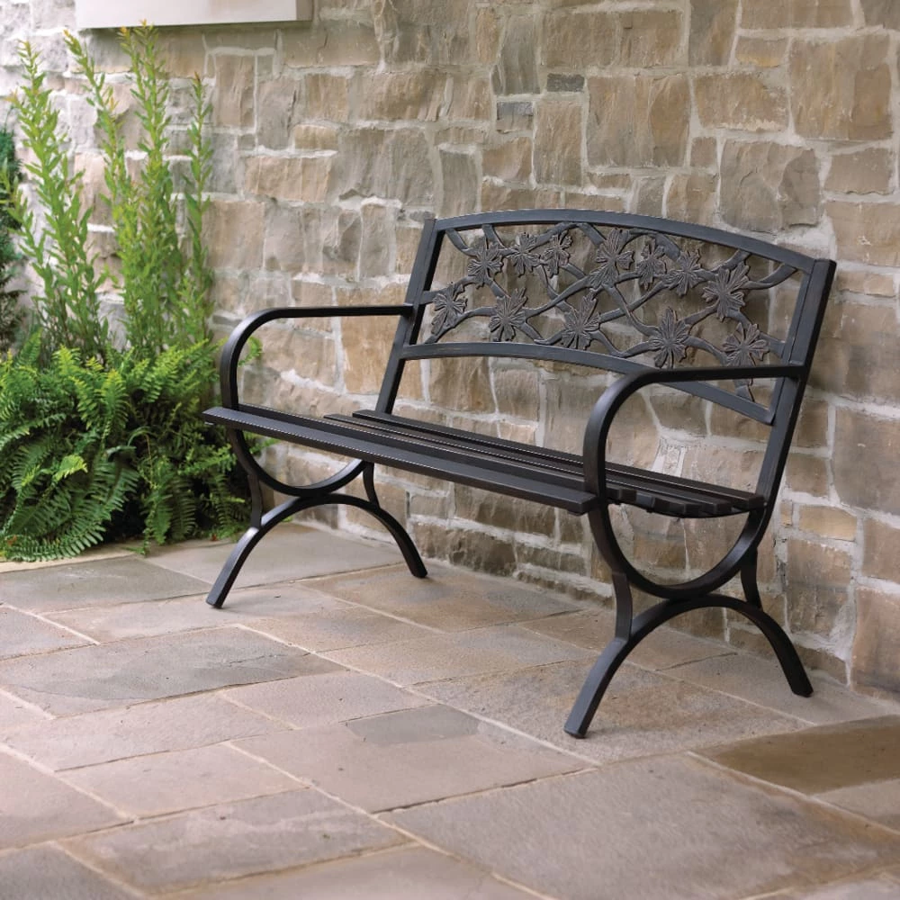 For Living Maple Leaf Steel Frame Outdoor/Patio/Garden Bench, Matte-Black - Image 4