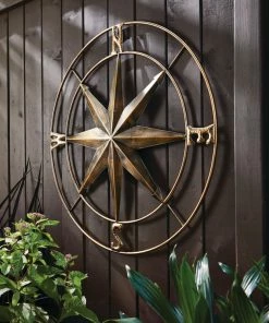 For Living Metal Compass Outdoor Wall Art & Decor, Antique Brass