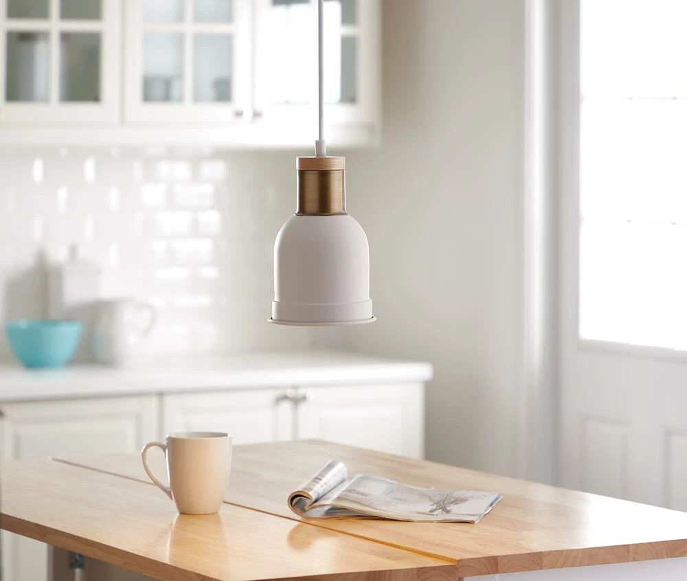 For Living Frosted Metal Shade Ceiling Pendant Light Fixture, White/Wood/Gold - Image 5