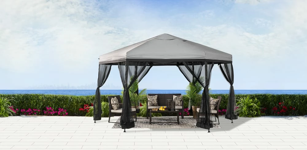 For Living Quick-Set Hexagon Outdoor/Patio Soft-Top Gazebo W/ Netting, Grey, 10x12-ft - Image 8