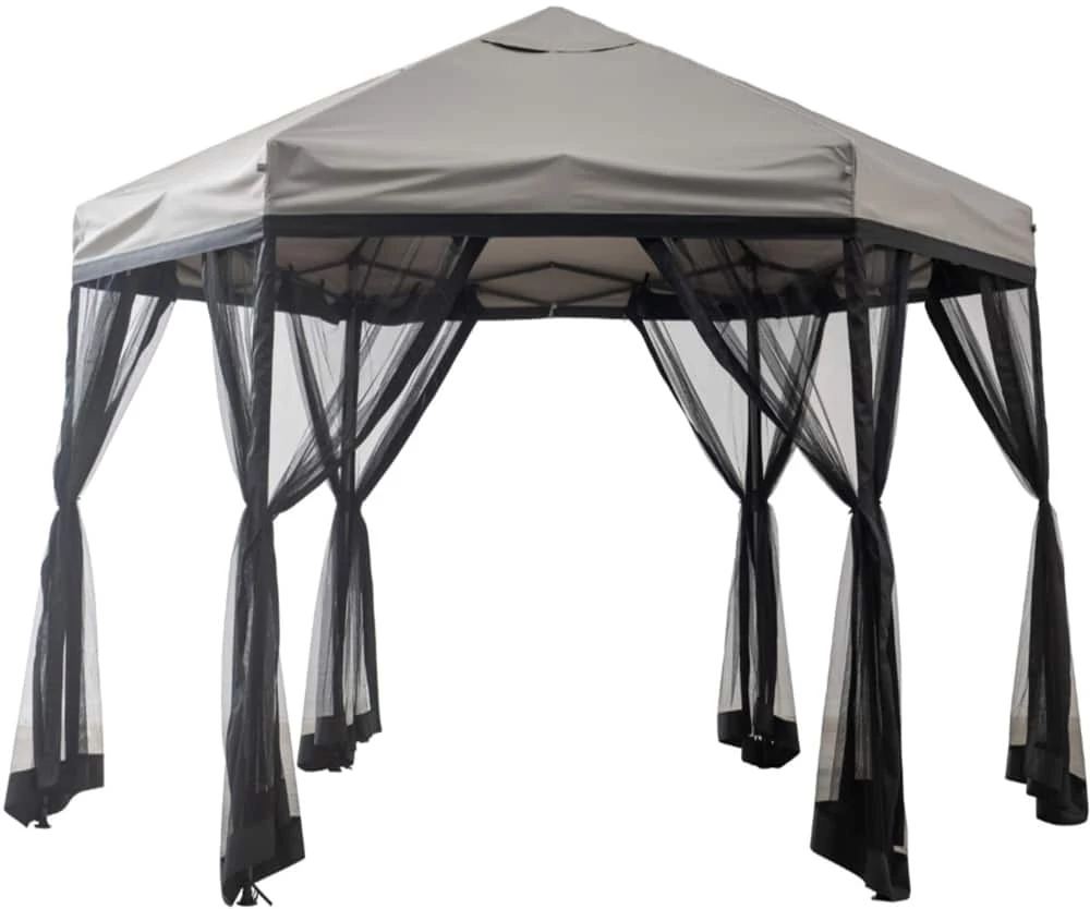 For Living Quick-Set Hexagon Outdoor/Patio Soft-Top Gazebo W/ Netting, Grey, 10x12-ft - Image 4