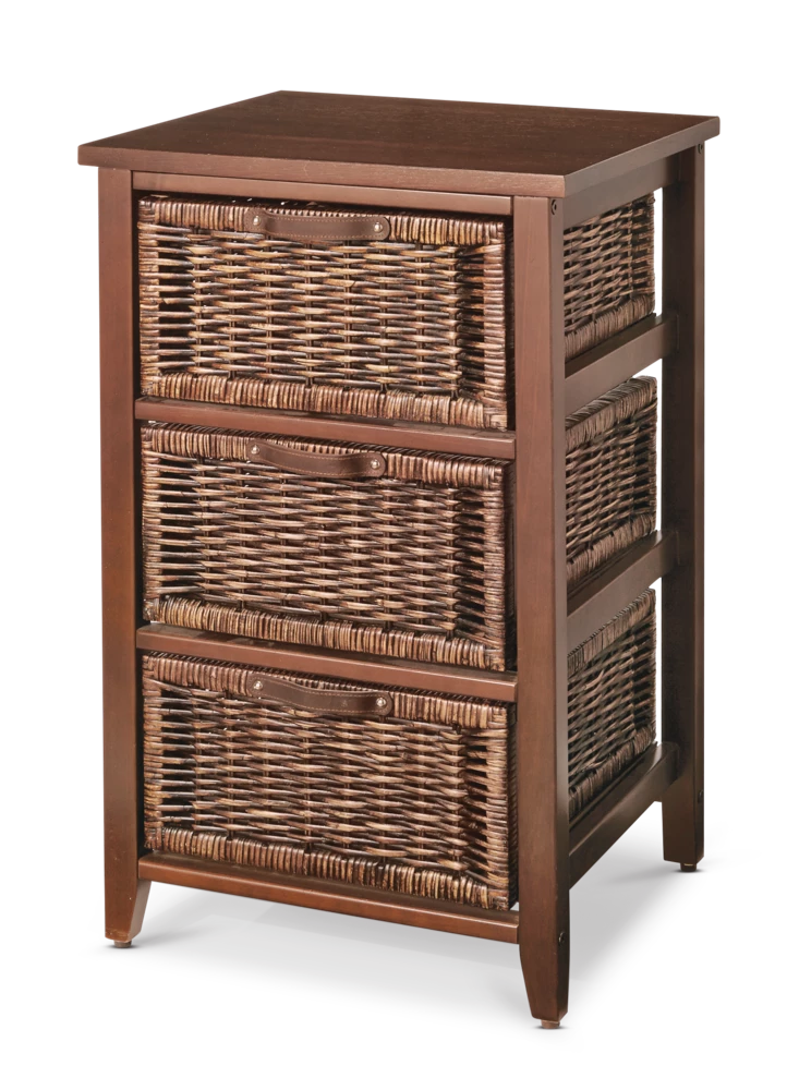 For Living Wood & Wicker 3-Drawer Storage Chest With Leather Pulls, Walnut Finish