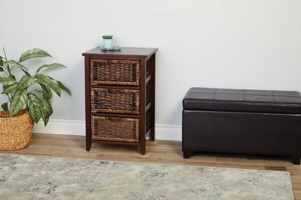 For Living Wood & Wicker 3-Drawer Storage Chest With Leather Pulls, Walnut Finish - Image 2