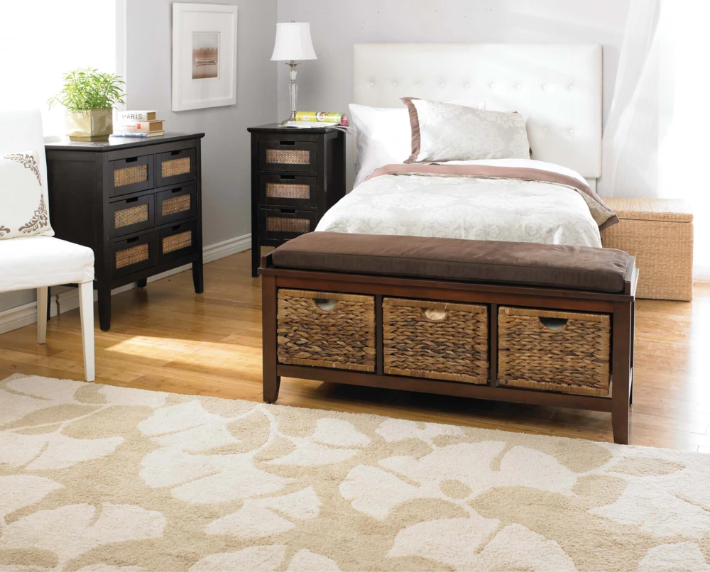 For Living Verona 3-Drawer Entryway Storage Bench Seat Cushion & Wicker Baskets, Espresso - Image 4