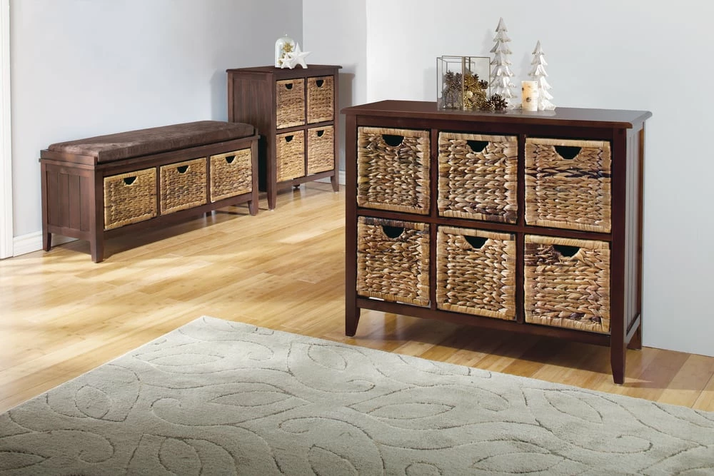 For Living Verona 3-Drawer Entryway Storage Bench Seat Cushion & Wicker Baskets, Espresso - Image 5