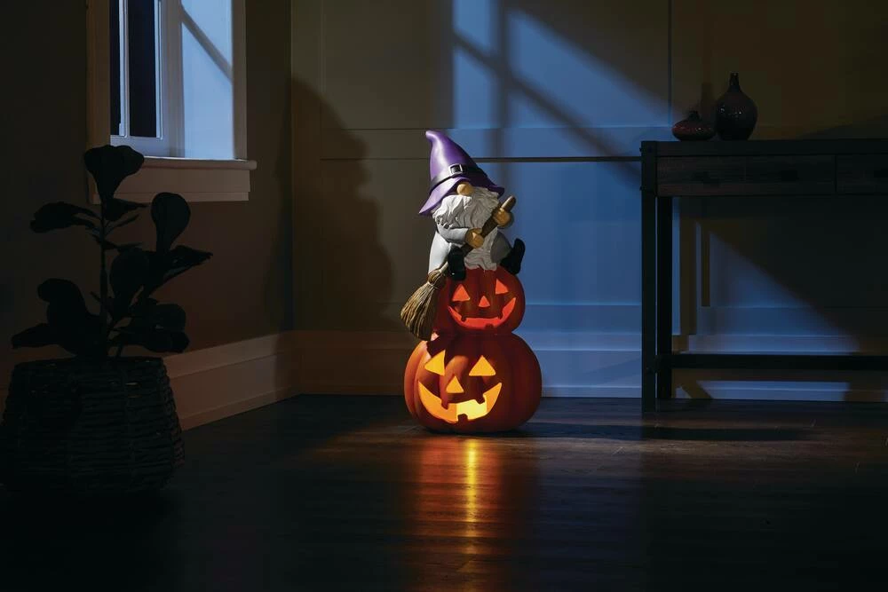 For Living Gnome Sitting On Pumpkin With LED Lights For Halloween, Orange, 32-in - Image 2