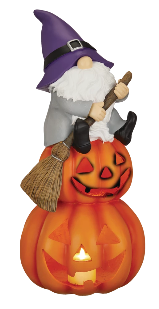 For Living Gnome Sitting On Pumpkin With LED Lights For Halloween, Orange, 32-in