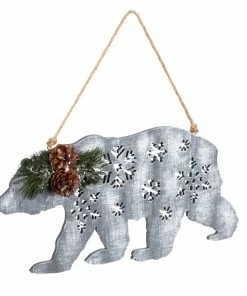 For Living Wooden Christmas Hanging Decoration Bear, Grey, 9-in