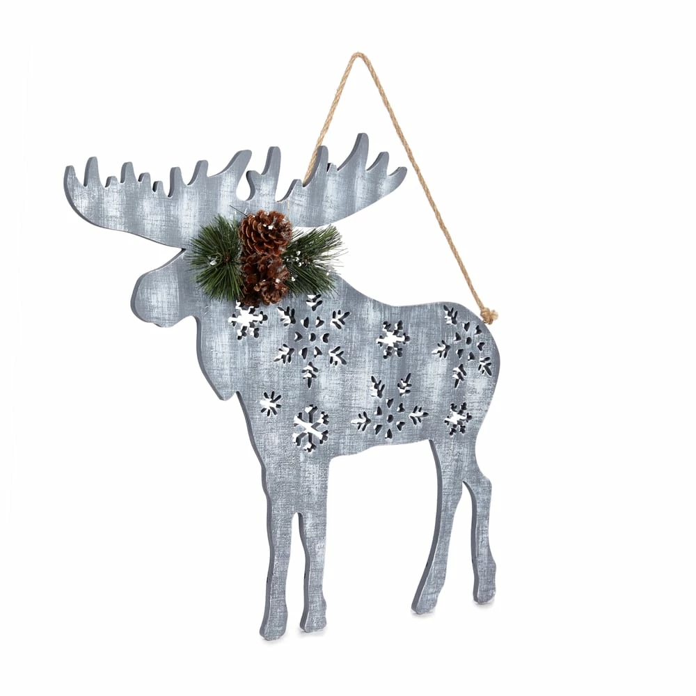 For Living Wooden Christmas Hanging Decoration Moose, Grey, 17 7/10-in