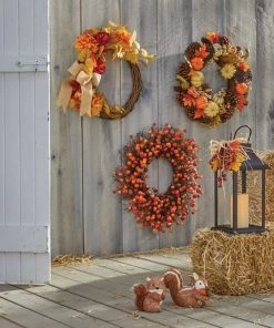 For Living Pine Cone & Pumpkin Wreath For Fall & Thanksgiving Decorations, Orange, 22-in