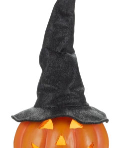 For Living Resin Pumpkin With Witch Hat And LED Lights For Halloween, Orange, 19 1/2-in