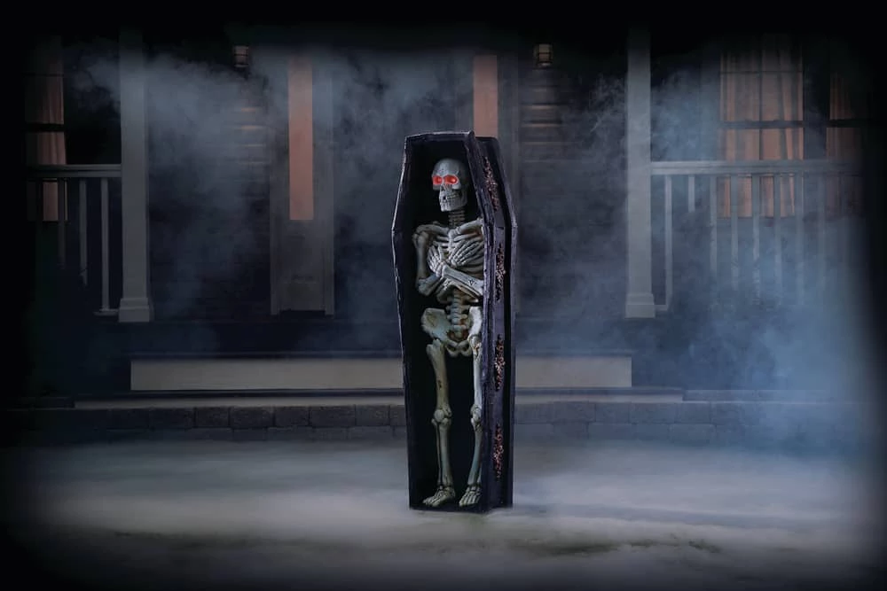 For Living Human Skeleton In Coffin With LED Lights For Halloween Decorations, Black, 4-ft - Image 2