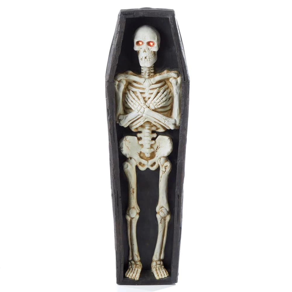 For Living Human Skeleton In Coffin With LED Lights For Halloween Decorations, Black, 4-ft