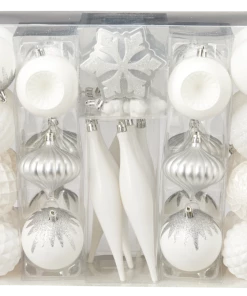 For Living White Collection Shatterproof Christmas Ornament Set, Assorted Style & Size, 40-pc